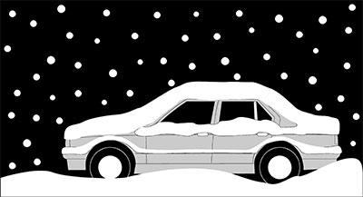 Cartoon image of a car with snow falling on it